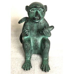 Brass/Metal Monkey Holding a Banana 7" Green Patina Gracious Garden Andrea Sadek